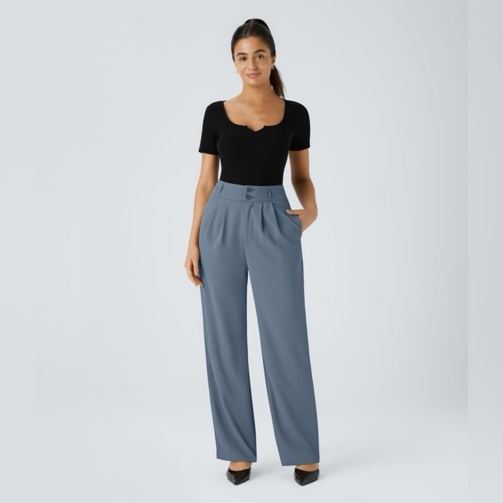 Halara Blue High Waisted Button Shirred Straight Leg Work Trouser Pants Large - Picture 2 of 15